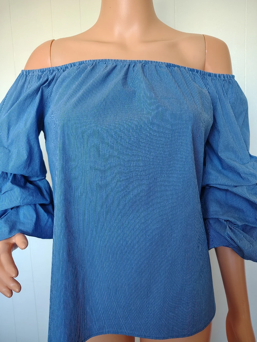 Zara Blue Striped Off-Shoulder Puff Sleeve Top Size S.